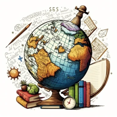 math problems, globe, map, compass, books, science, clip art, hand drawn, fun, white background--ar 16:9