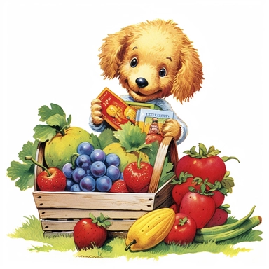 baby dog wearing garden gloves, holding a box full of fruit and vegetables, in the garden, white background, clipart by Richard Scarry