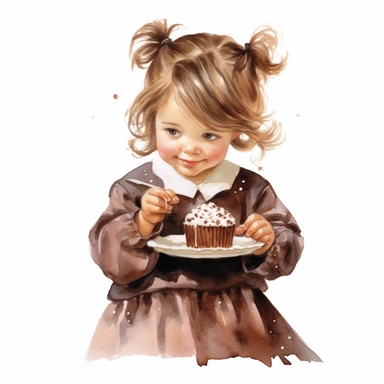 adorable cute vintage little girl eating chocolate cake, watercolor clipart, high quality clipart, no background , high details