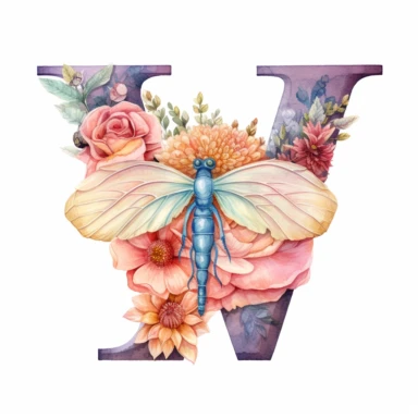 Beautiful Pastel Dragonfly Flower Alphabet  W  Letter Watercolor Clipart,Cartoon, hyper realistic, intricate detail, illustration style,high solution,on the white background