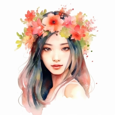 watercolor style, asian-origin girl with flowers on her head clipart, isolated on white background, hd