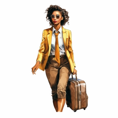 watercolor style, travelling african american business woman in classic clothes, realistic. Clipart, isolated on white background, 4K