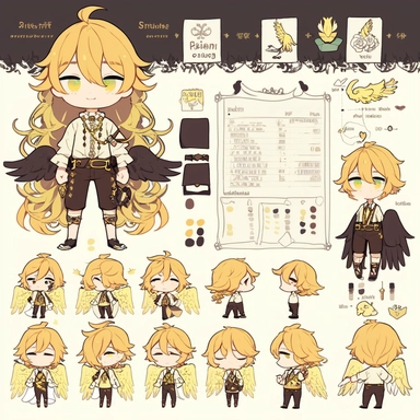 character sheet, knoling, clipart, inventory catalog, cute chibi character, golden wavy long hair, long bangs, yellow-green eyes, flat chest, beautiful young boy, gothic, frill, lace shirt, high West brown shorts, yellow bird, mimosa, yellow jewelry, ribbon