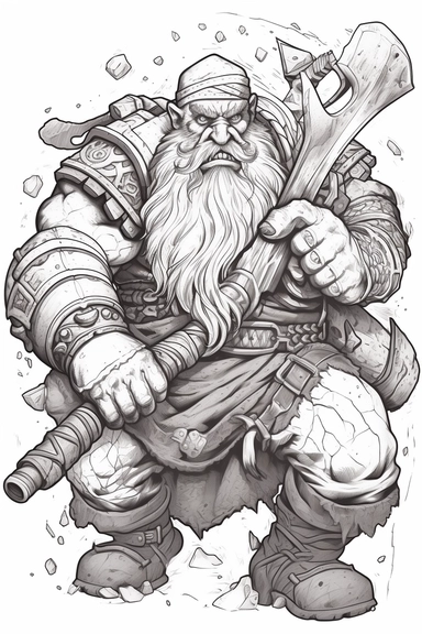 realistic style, bold black lines, fantasy dwarf in combat using axes and hammers hitting themed colouring page, bold black lines, clipart, digital art, colouring page for adults
