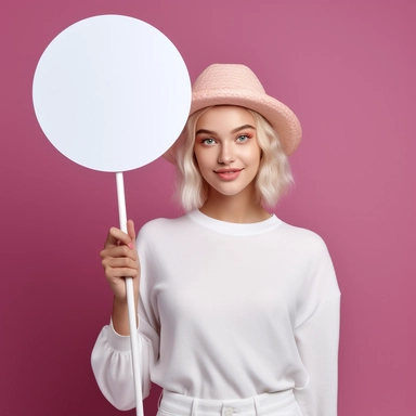 Camera shot from the bottom up, looking into the camera,cheerful young girl model, aesthetic fashion colors, solid background, negative space composition, studio lighting, professional photo, commercial clipart,holding a stick in her hand with a white cardboard circle for text