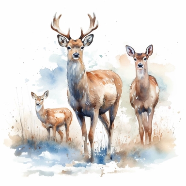 christmas mood, family of brown deers walking on a snow, clipart style, watercolor technique, super high quality, professional watercolor clipart, high resolution, isolated white background, 8k, pastel blue colors