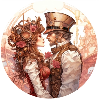 Steampunk lovers gazing into each other's eyes under a sky filled with floating airships and mechanical constellations, their attire adorned with intricate gear motifs in shades of ruby red, golden bronze, and soft blush pink, complementing the romantic ambiance. Ultra high quality, intricate detail, retro-futurism, watercolor clipart, white background, hyper realistic