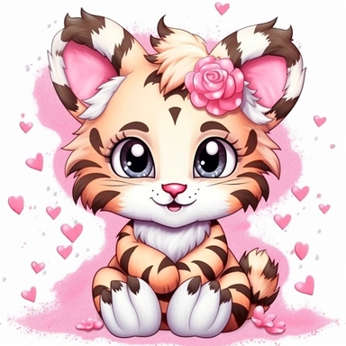 * * * * kawaii a very cute cuddly eyes happy tiger wearing a pink coat giving out heart's clipart Easter spring bunny scrapbooking Crafton digital paper white background