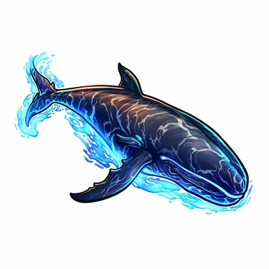 a glowing tribal blue whale with blue lights on his eyes, tribal animals, in the style of bold black outlines, manhwa character design, master of shadows, burned/charred, himalayan art, dark black and light azure, 2d game art, quadratura, clipart, on white blackground