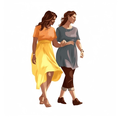 This image depicts a couple of pregnant women walking together and looking towards the right. The woman on the far right is wearing a yellow dress and has one hand hand placed on her stomach and the other hand holding another pregnant woman's hand behind her, while the woman on the far left has one hand hand placed on her stomach and the other hand is holding another pregnant woman's hand in front of her. The four are walking together holding hands. One of the women is muslim, another woman is b