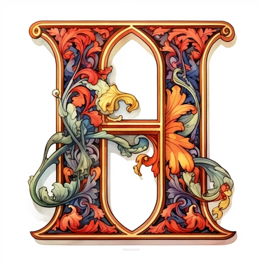 the capital letter H in Art Nouveau illuminated initial style with clean lines and without shadows to be used as a clipart in white background, eighth letter of english alphabet