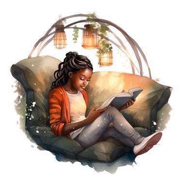 Watercolour Black teenage girl Reading Clipart, braids, forest library, surronded by fireflies, in sleeping bag, reading in a fort, Girl Studying Clipart, Book Lover , Student Clipart, Reading Png,Bookworm, hd, white background, spaced out, pastel colors, cartoon realism