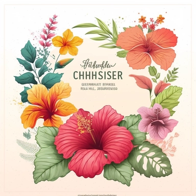 summer Illustrations, hibiscus flower, flower frame ,graphics, Cheerful Colors, Hand-Drawn Art, Botanical Clipart, Watercolor Elements, 8k