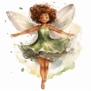 cute brown skin fairy girl clipart watercolor green dress [turnabout] front view, looking at camera cw, 8k, hd v5 line drawing midair