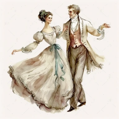 Beautiful regency man and woman dancing, vintage tones, on a white background, watercolor, hyperrealism, high detail, separate elements, clipart