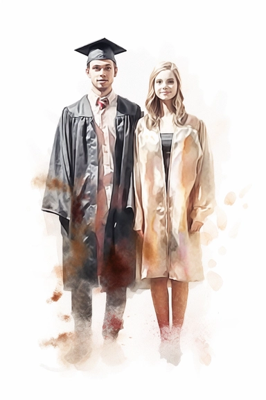 realistic watercolor drawing of gark skinned woman and man wearing cap and gown on graduation day clipart, front view, in style of Michiel van Huysum, subtle faded color variations, hyper-detailed hd clipart, on white background, spaced out