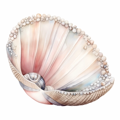 Watercolored pencil style illustration, boho style decorated clam shell, soft pink, beige and silver, isolated on a white background, PNG file clipart style, Dennis Wojtkiewicz, Amanda Clark, Lowell Herrero,