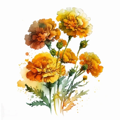 [5497791658] Watercolor clipart. Delicate marigolds captured in a watercolor masterpiece, their golden hues adding a touch of sunshine to any space.. White background. No text. No caption. No logo