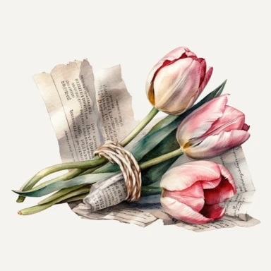 watercolor white and pink tulips wrapped in an old french newspaper, newspaper tied with string clipart, no background, 4K
