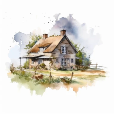 beautiful rustic watercolor sketch illustration of a farmhouse in the summer, clipart, digital art, concept, 4k, minimalistic