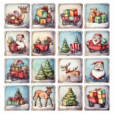 Watercolor line art, little squares filled with doodly patterns of santa sleigh, illustrations clipart set, simple, christmas colors , cartoon elements, different variants , modern art, separate elements with a margin