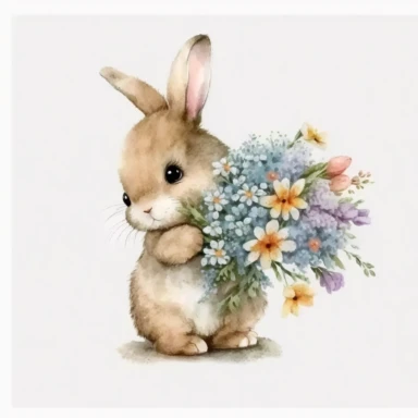 Watercolor Little bunny holding colorful flowers clipart, High Quality, white background