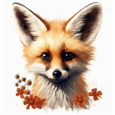 clipart , Lashes, super lovely, nursery, close-up of an fennec foc, flower. The red panda has fluffy fur with black markings, large ears, and bright eyes. It is standing on top of a white background. vintage clothing hyper realistic 8k