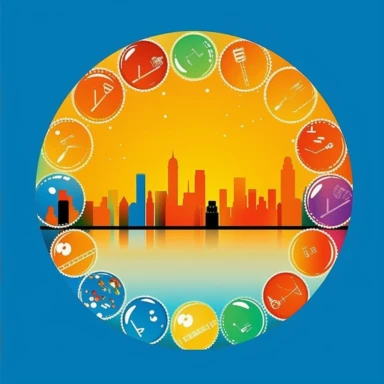 bright yellow background wallpaper seamless image, with colorful blue green red orange clip art Austin skyline, clip art hearts and music notes, opaque circle in middle for text paragraph