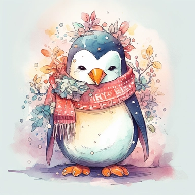 a cute penguin with a winter scarf and a hot cocoa mug, depicted in a whimsical, cartoon style, watercolor, surrounded by colorful flowers and butterflies. The mood of the artwork is cheerful and playful, with a soft pastel color palette. The lighting style is bright and sunny, evoking a warm and inviting feeling. clipart design graphic, vector, contour, super cute, isolated white background, high quality, 2d, flat