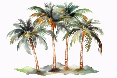 Watercolor, Coconut Palm tree, clipart, hd, on a white background, spaced out