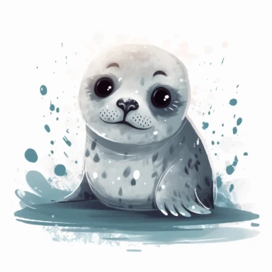 cute seal on an iceberg , grey paint splatter, big eyes, clipart, white background