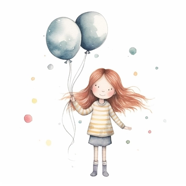 cute Scandinavian whimsical girl with one balloon, pencil and watercolor clipart style, super high quality, high resolution, pastel colors, isolated white background, 8k