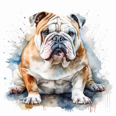 watercolor illustration of a cute English Bulldog dog, watercolor clipart, in the style of 32k uhd, realistic animal portrait, white background, png