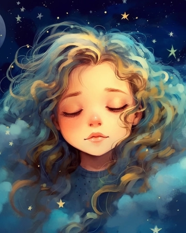 a portrait of a cute little girl with a luminous dress, eyes shut, mouth closed, long hair, wind, sky, clouds, the moon, moonlight, stars, universe, fireflies, butterflies, watercolor clipart,