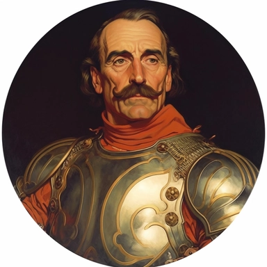 Arthur Sarnoff's character portrait circular tondo depicting an armored Edwardian knight, Mike Allred Josh Kirby, clipart illustration, circular solid background circular border