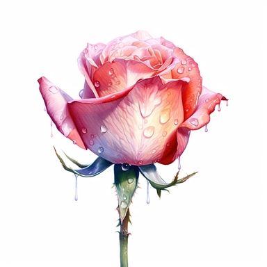 Realistic vibrant watercolour illustration, single blush rose bud with high detail droplet, high detail, clear edges, clipart isolated on pure white background