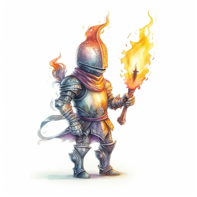 whimsical cute [Fantasy knight holding a flaming torch] , hyper-realistic watercolor illustration, 3d, 8k high definition, highly detailed, masterpiece, clip art, white background