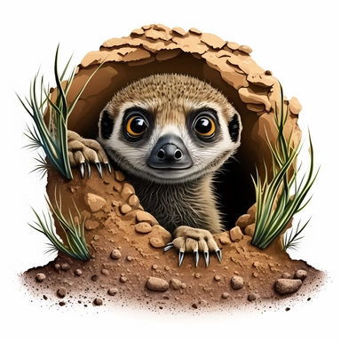 Adorable baby meerkat standing up or peeking out of a burrow clipart