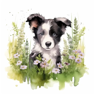 An intricately detailed watercolor clipart illustration displaying an ultra-realistic [specific design idea, like Adorable cute beby Border Collie, grass and flowers on the back of the puppy  ], isolated on a white background, in the style of ultra-detailed watercolor clipart illustrations, HDR watercolor clipart illustrations, 32K watercolor clipart illustrations, hyperrealistic watercolor clipart illustrations, ultra-intricate watercolor clipart illustrations, high-resolution watercolor clipar