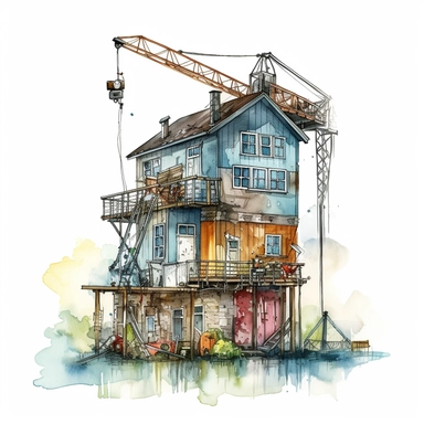 a house construction with crane machine water color clipart, hd, white background