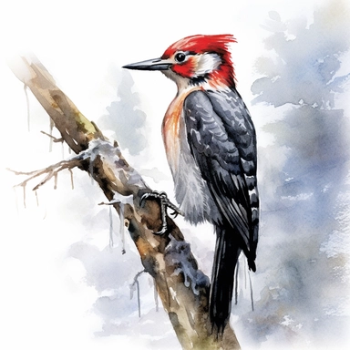 a woodpecker drums its beak agianst a frozen tree trunk, clipart, hd, winter background, watercolor style--ar3:2--s1000