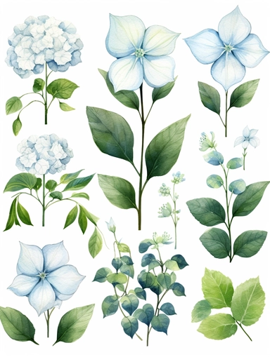 watercolor clipart set with white background, cute hydrangea flowers, adorable, flat design, clearly defined with separated images, high quality