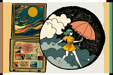 round, winamp skin, raining outside the window, ( collage ), fairy wings, buggy, bloomy, bad dream, chimney, kawaii colors, it is flying through space, clipart person followed by a shadow made of lava The solar system neatly organized in an artistic way a computer screen with a mountain in the background, by Torii Kiyomasu, tumblr, computer art, pastel goth aesthetic, space color scheme, , philosophical splashes of colors, instagram art, various windows open on desktop, graphic design software, 