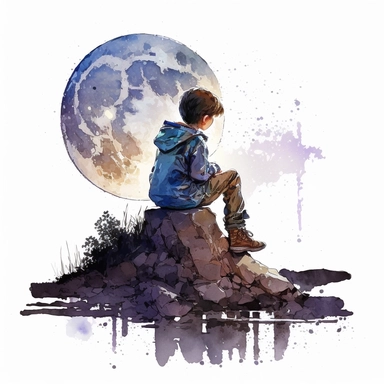 A boy is sitting on a rock watching the moonlight, Moonlight Boy, splash , watercolor by Thomas W.Schalle, clipart, white background