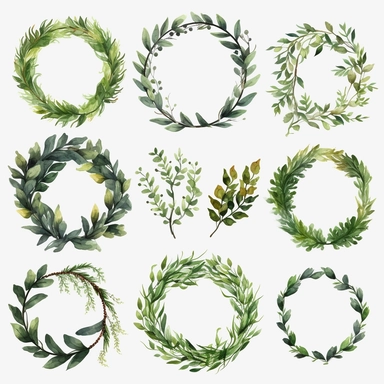 watercolor clipart, wreath greenery, sprigs, branches, leaves, extremely detailed