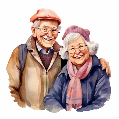a heartwarming vibrant saturated cartoon watercolor clipart image with a white background, featuring cute sweet extremely happy elderly couple