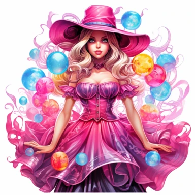 Sharp Illustration of a fantasy sweet candy witch clipart aginst white background in watercolor style, majestic scene, beautiful witch, sweets, vibrant colors, bubble gum, pink dress, colorful candies, illustration style, vibrant colors, unreal engine 5, detailed illustration, high resolution, high quality, solid white background