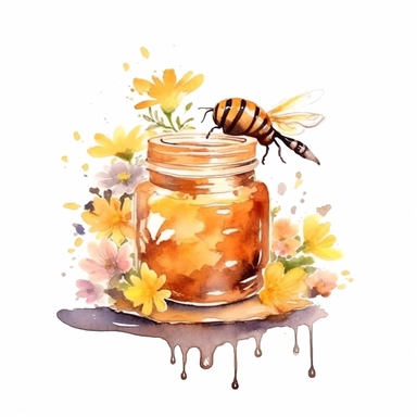 Clipart, isolated on white background, beautiful cute Watercolor Spring honeybee and honey jar and honey drips, flowers, ornated, pastel colors
