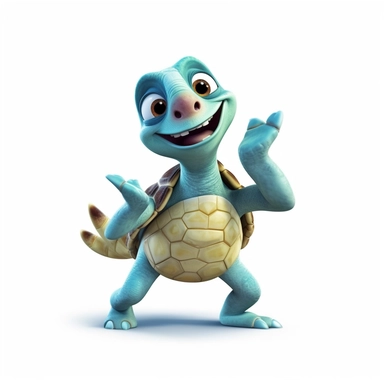 a cute adorable sea turtle with a big smile, dancing, full body image, waving only one hand, pixar style, clipart, white background