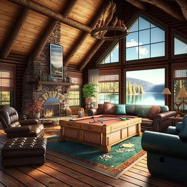 large great room, entertainment room in log cabin, wall of windows with view of beautiful lake, pool table, comfortable furniture, large beautiful carpet, fireplace with fire burning, large comfortable couch, fantasy, ethereal, clipart